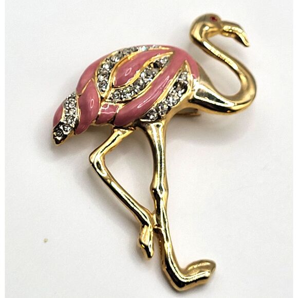 Pink Flamingo Brooch Pin AB Crystal Enamel Tropical Island Bird Gold Plated 2.2" - Picture 1 of 5